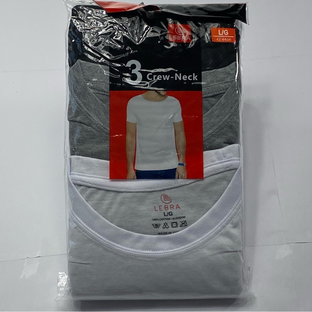 LEBRA Men's Crew Neck T-Shirts - White and Gray size Large